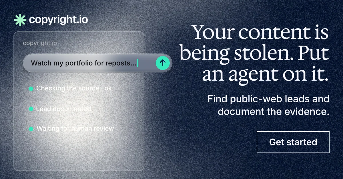 Social ad for copyright.io: "Your content is being stolen. Put an agent on it." Cyanotype style, right layout, dark palette in blue, grey, white.