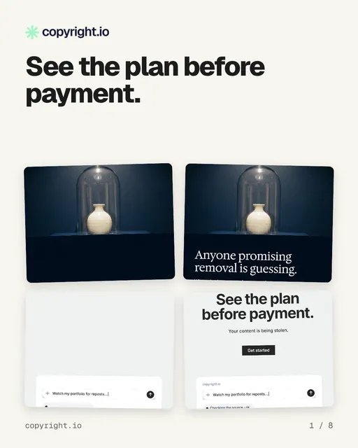 Carousel for copyright.io: "See the plan before payment.". Collection carousel, 8 slides, light palette.