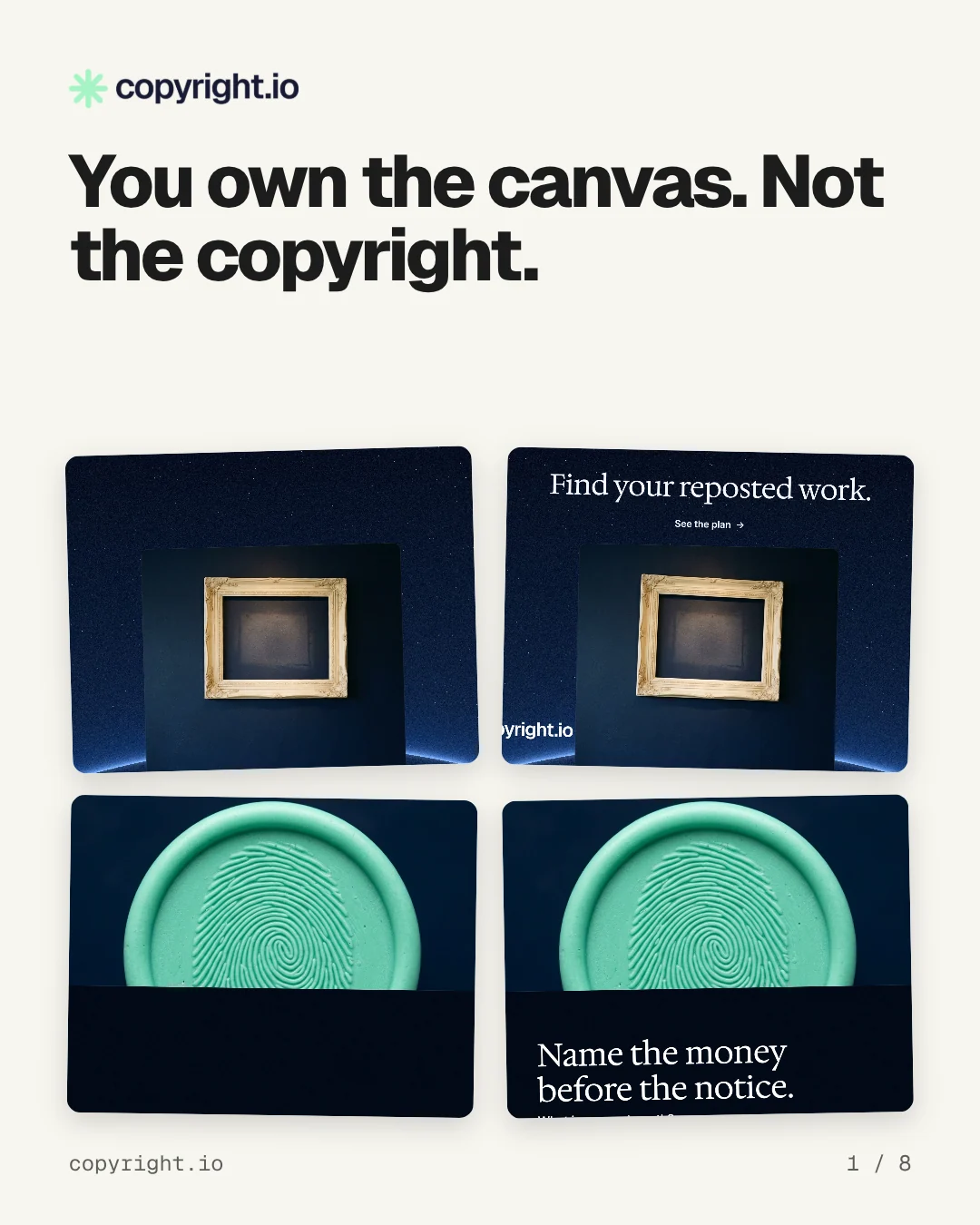 Carousel for copyright.io: "You own the canvas. Not the copyright.". Collection carousel, 8 slides, light palette.