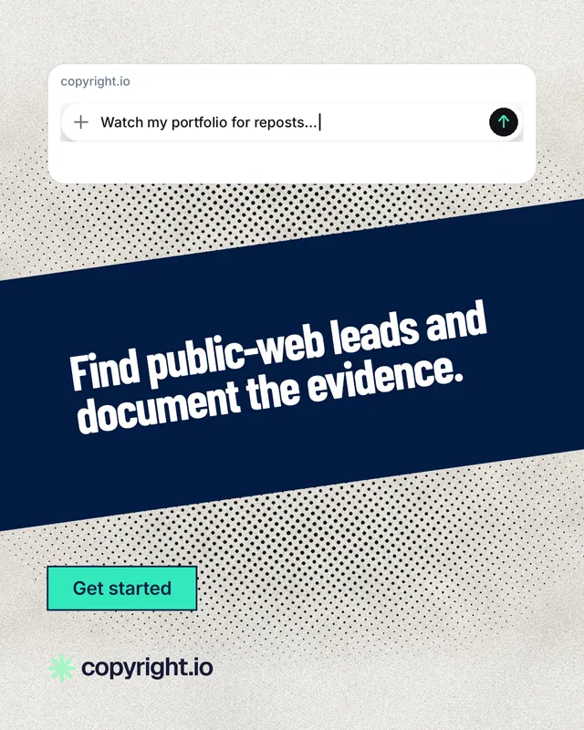 Instagram portrait post for copyright.io: "Find public-web leads and document the evidence." Ink sticker style, diagonal layout, light palette in blue, white, grey.