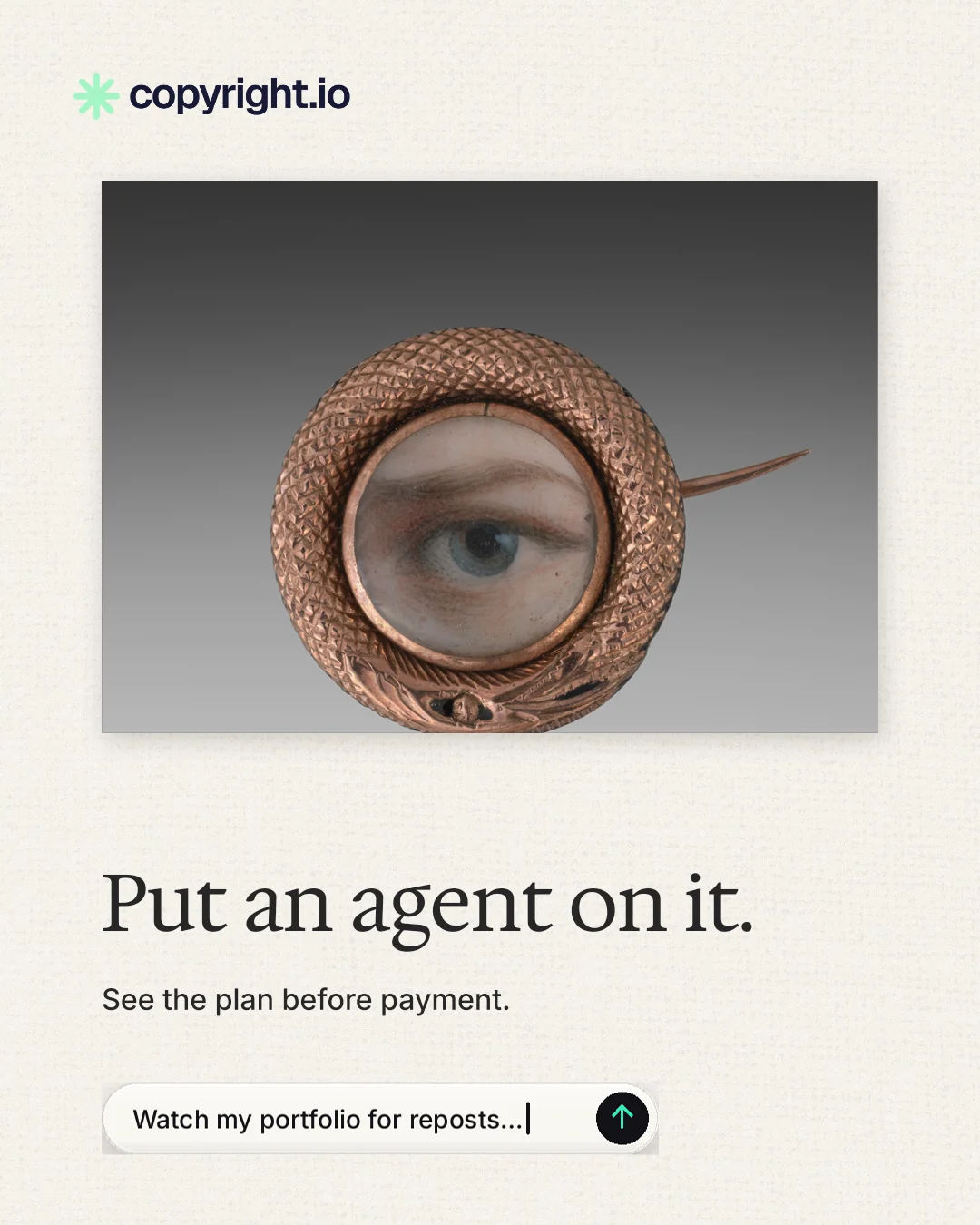 Instagram portrait post for copyright.io: "Put an agent on it." Agentic glass style, bottom layout, light palette in grey, white.