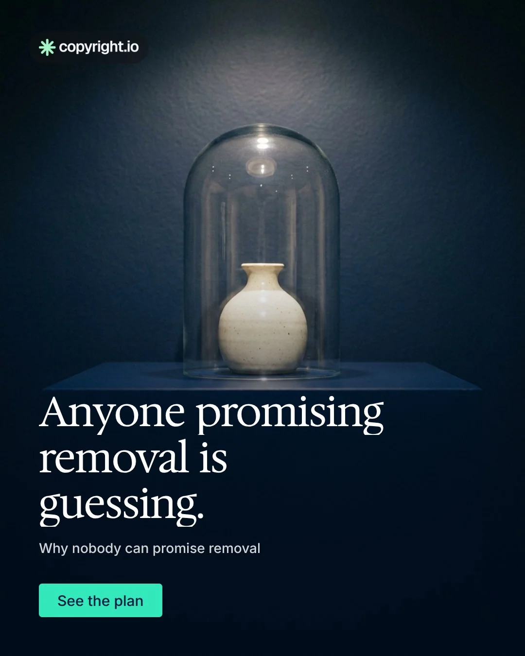 Video for copyright.io: "Anyone promising removal is guessing.". Doc motion loop, 7.0 s, dark palette.