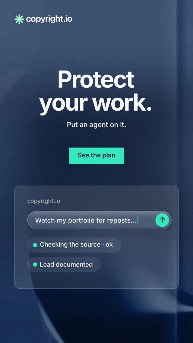 Instagram story for copyright.io: "Protect your work." Swiss style, centred layout, dark palette in blue.
