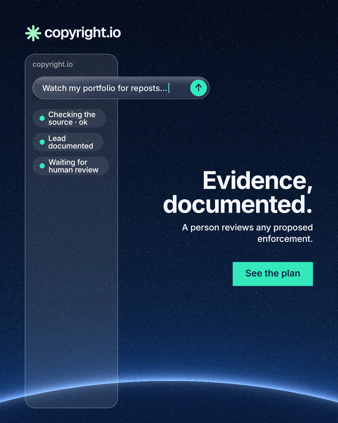 Instagram portrait post for copyright.io: "Evidence, documented." Swiss style, right layout, dark palette in black, blue.