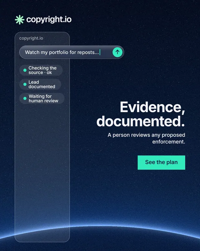Instagram portrait post for copyright.io: "Evidence, documented." Swiss style, right layout, dark palette in black, blue.