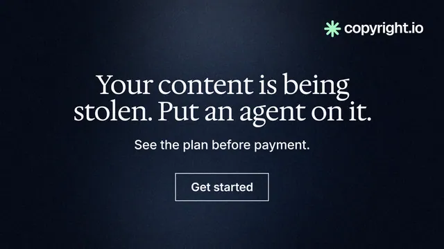 Landscape graphic for copyright.io: "Your content is being stolen. Put an agent on it." Dark deco style, centred layout, dark palette in blue, black.
