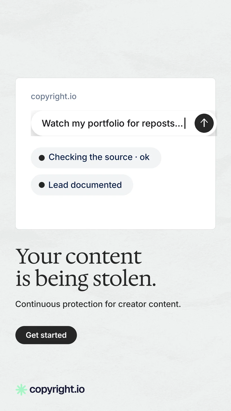 Instagram story for copyright.io: "Your content is being stolen." Data card style, bottom layout, light palette in white, grey.