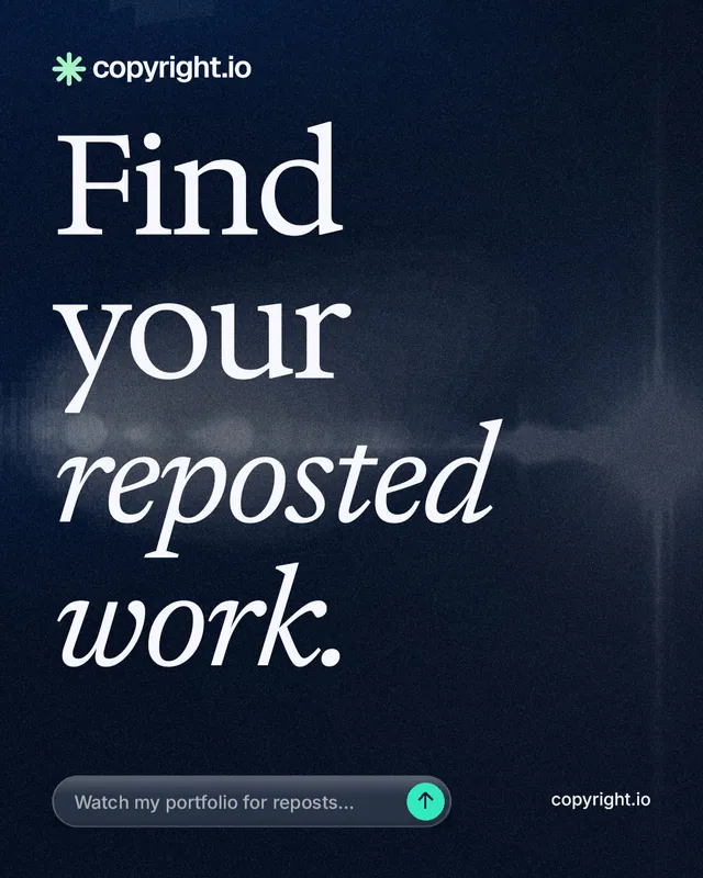 Instagram portrait post for copyright.io: "Find your reposted work." Thermal style, poster layout, dark palette in black, blue, grey.