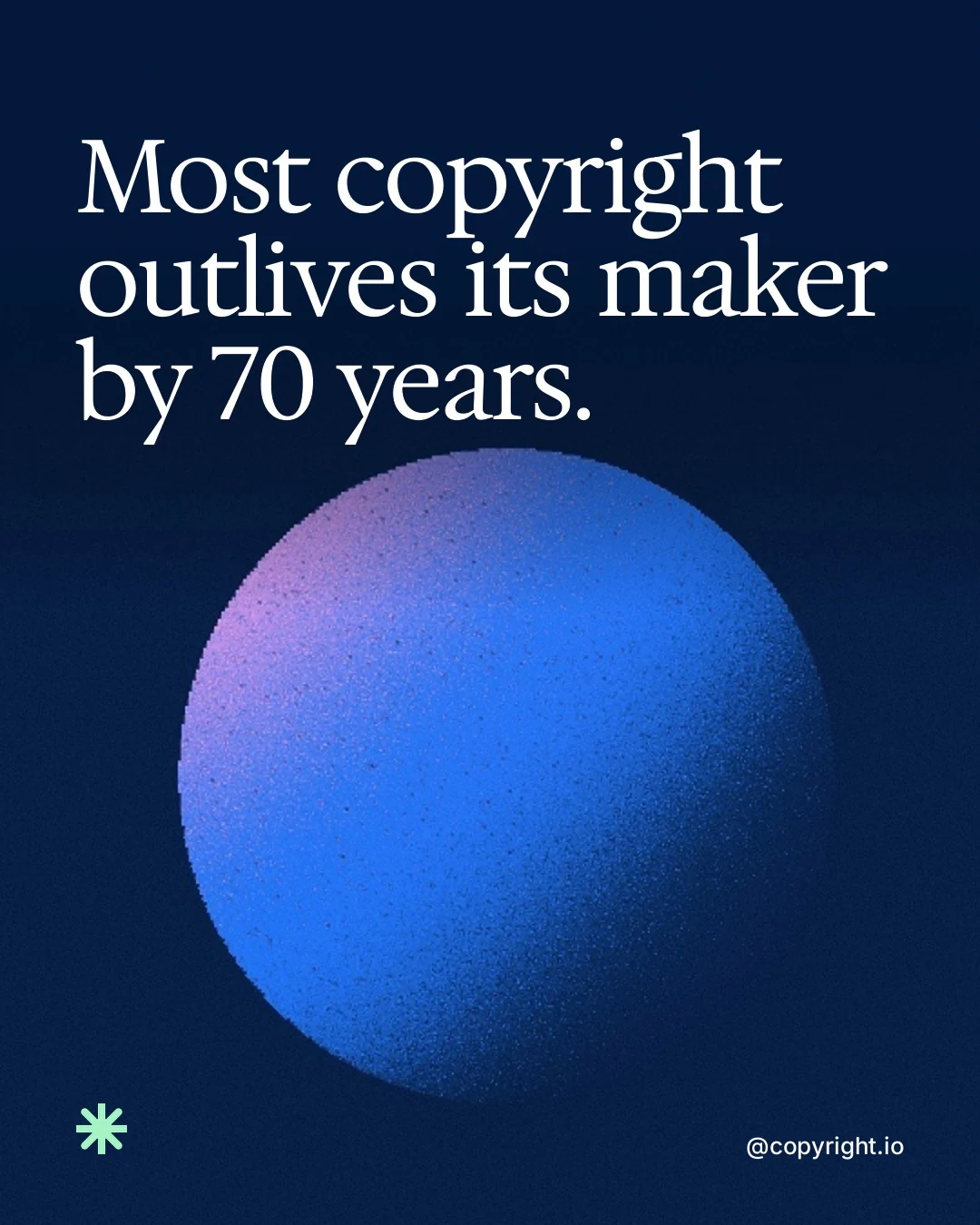 Video for copyright.io: "Most copyright outlives its maker by 70 years.". Shader loop, 6.0 s, dark palette.