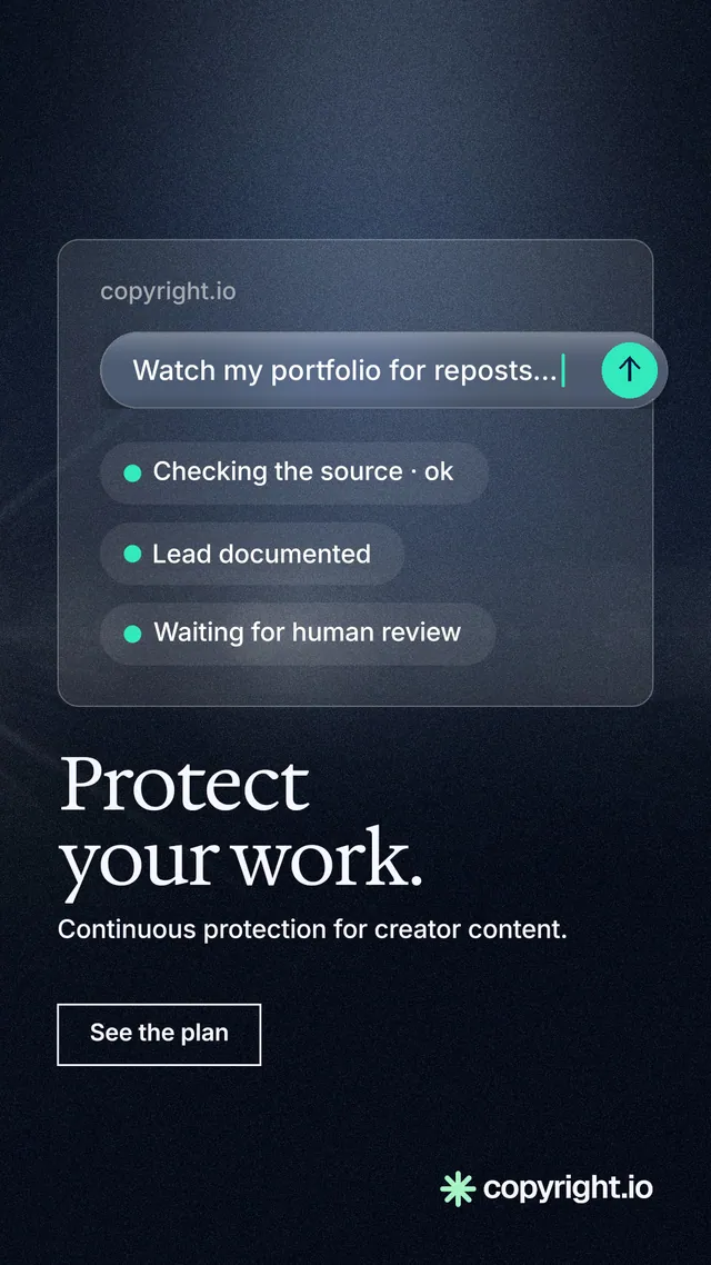 Instagram story for copyright.io: "Protect your work." Dark deco style, bottom layout, dark palette in blue, black, grey.