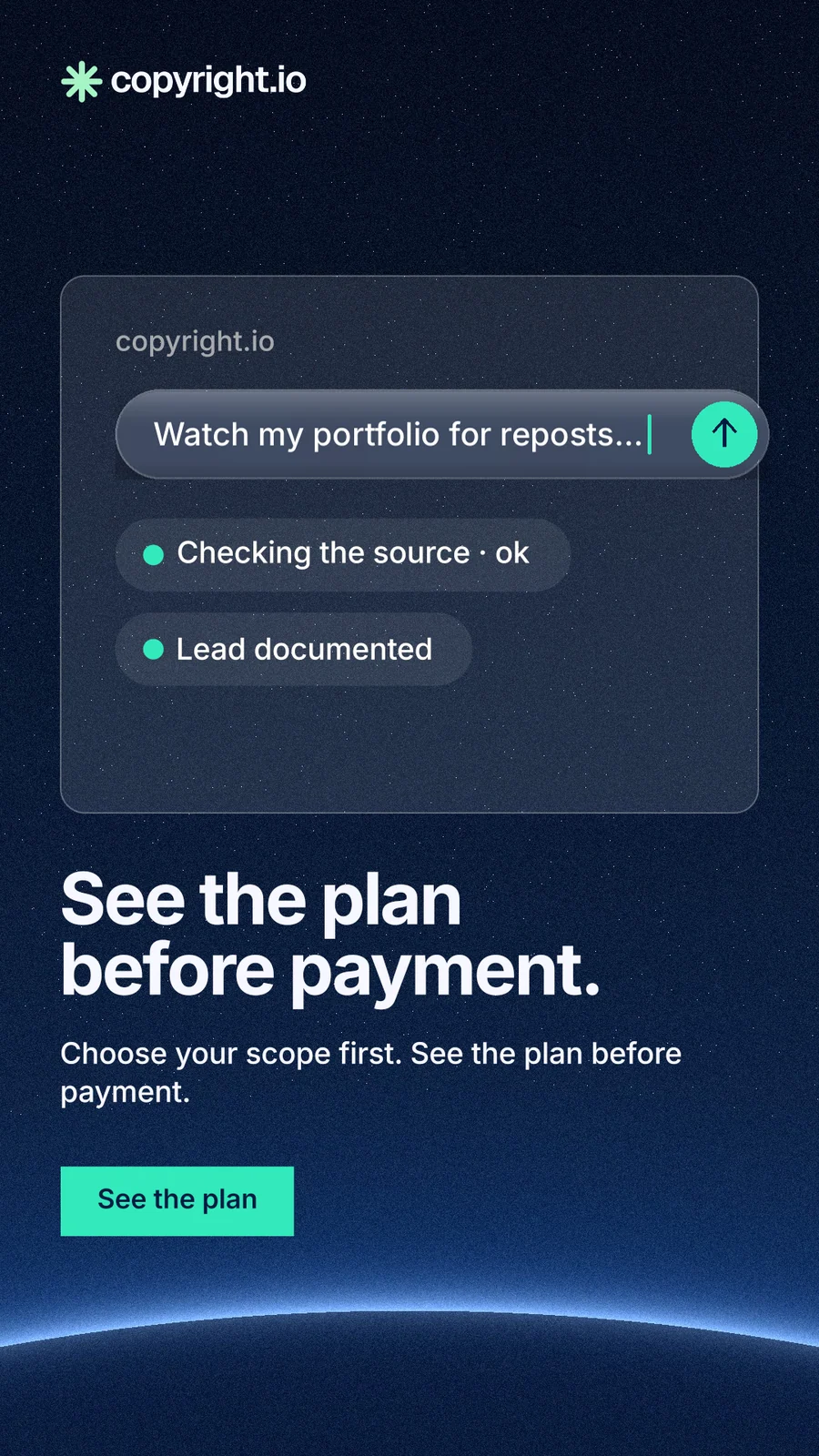 Instagram story for copyright.io: "See the plan before payment." Swiss style, bottom layout, dark palette in blue, black.