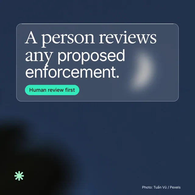 Instagram post for copyright.io: "A person reviews any proposed enforcement." Glass style, technique:pexels ingredient layout, dark palette in blue, black, grey.