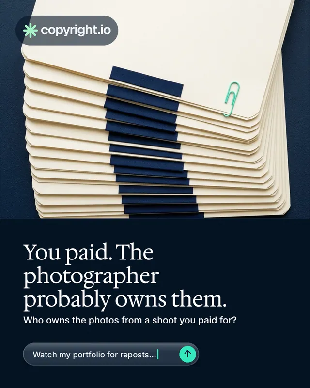 Instagram portrait post for copyright.io: "You paid. The photographer probably owns them." Agentic glass style, bottom layout, dark palette in yellow, black, blue.