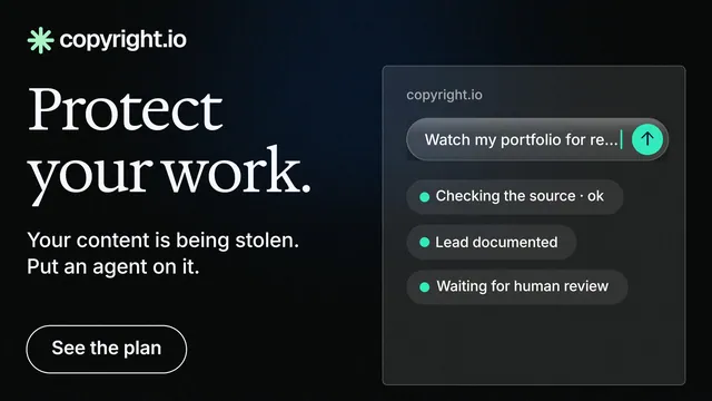 Landscape graphic for copyright.io: "Protect your work." Phosphor atlas style, bottom layout, dark palette in black, grey.