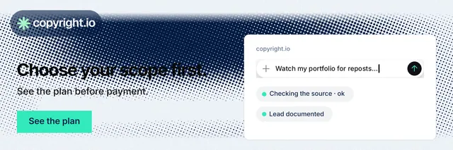 X header for copyright.io: "Choose your scope first." Swiss style, bottom layout, light palette in white, blue, teal.