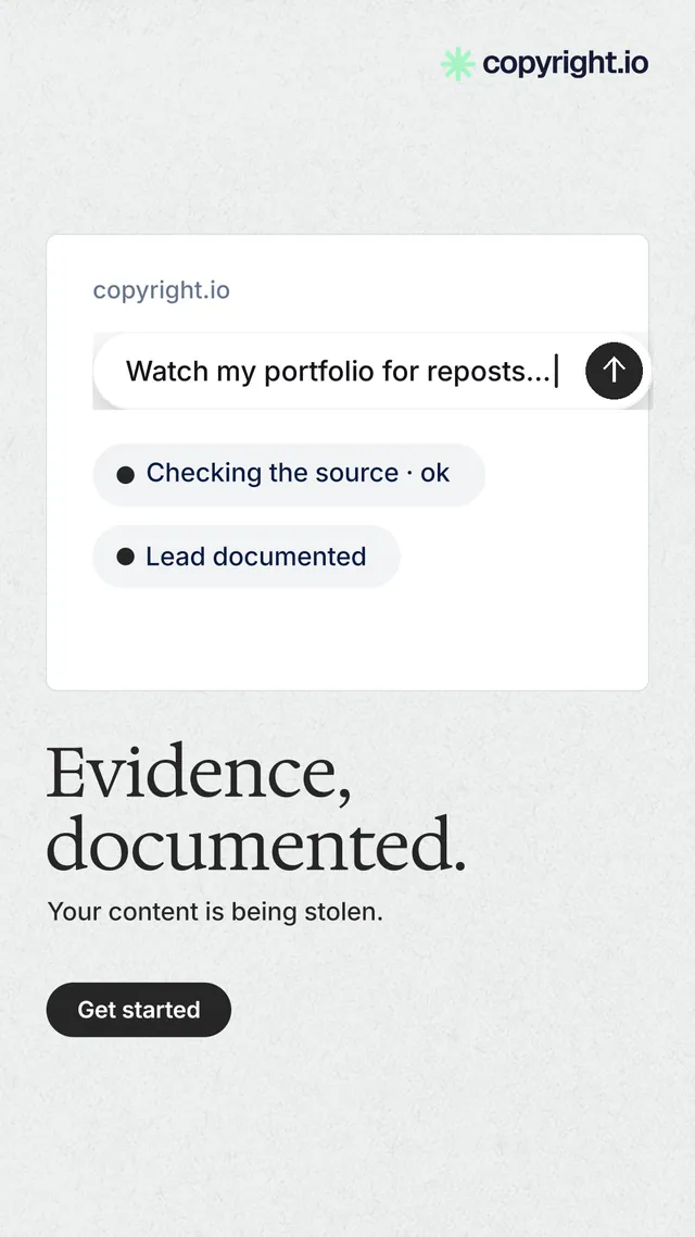 Instagram story for copyright.io: "Evidence, documented." Data card style, bottom layout, light palette in white, grey.
