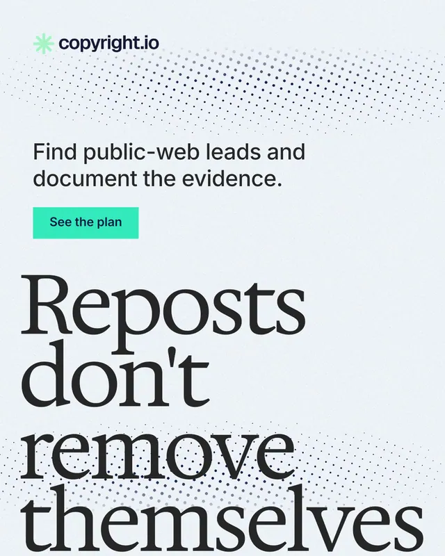 Instagram portrait post for copyright.io: "Reposts don't remove themselves." Swiss style, oversized layout, light palette in white, blue, grey.