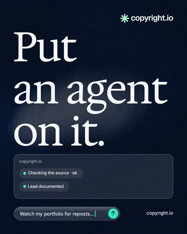 Instagram portrait post for copyright.io: "Put an agent on it." Thermal style, poster layout, dark palette in blue, black, grey.