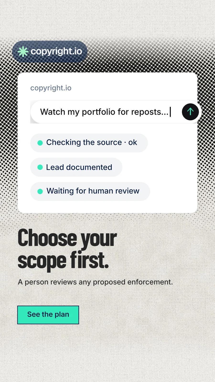 Instagram story for copyright.io: "Choose your scope first." Ink sticker style, bottom layout, light palette in white, grey.