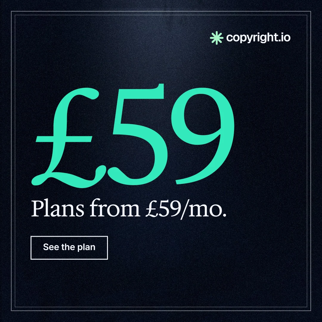 Instagram post for copyright.io: "See the plan before payment." Dark deco style, stat layout, dark palette in black, blue, teal.