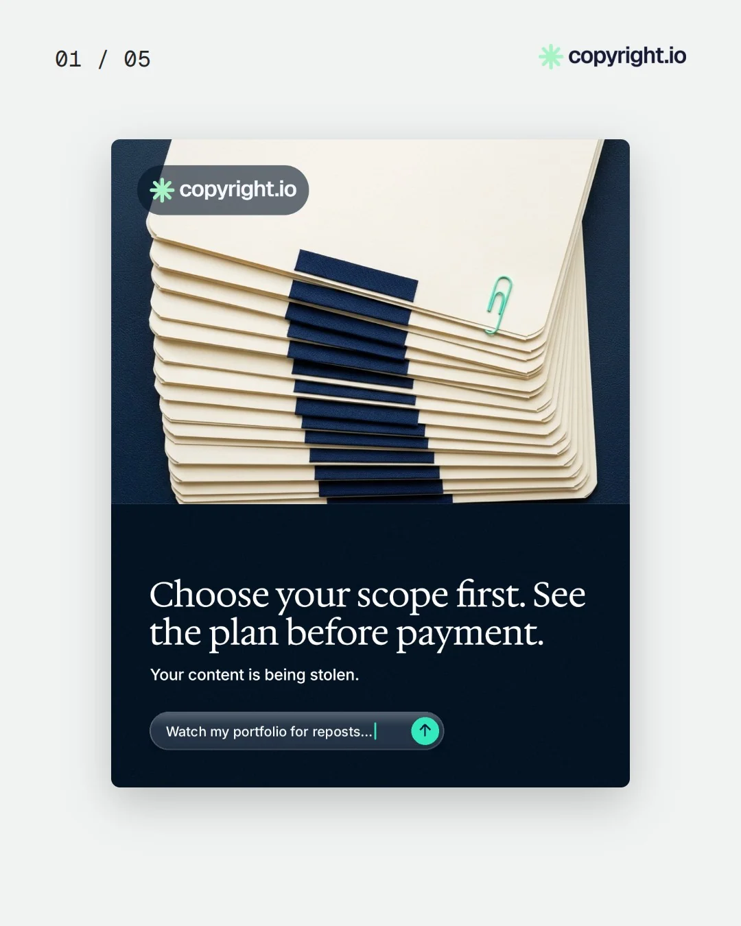 Video for copyright.io. Ad flipbook, 7.5 s, light palette.