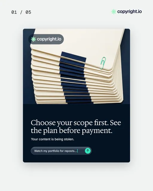 Video for copyright.io. Ad flipbook, 7.5 s, light palette.