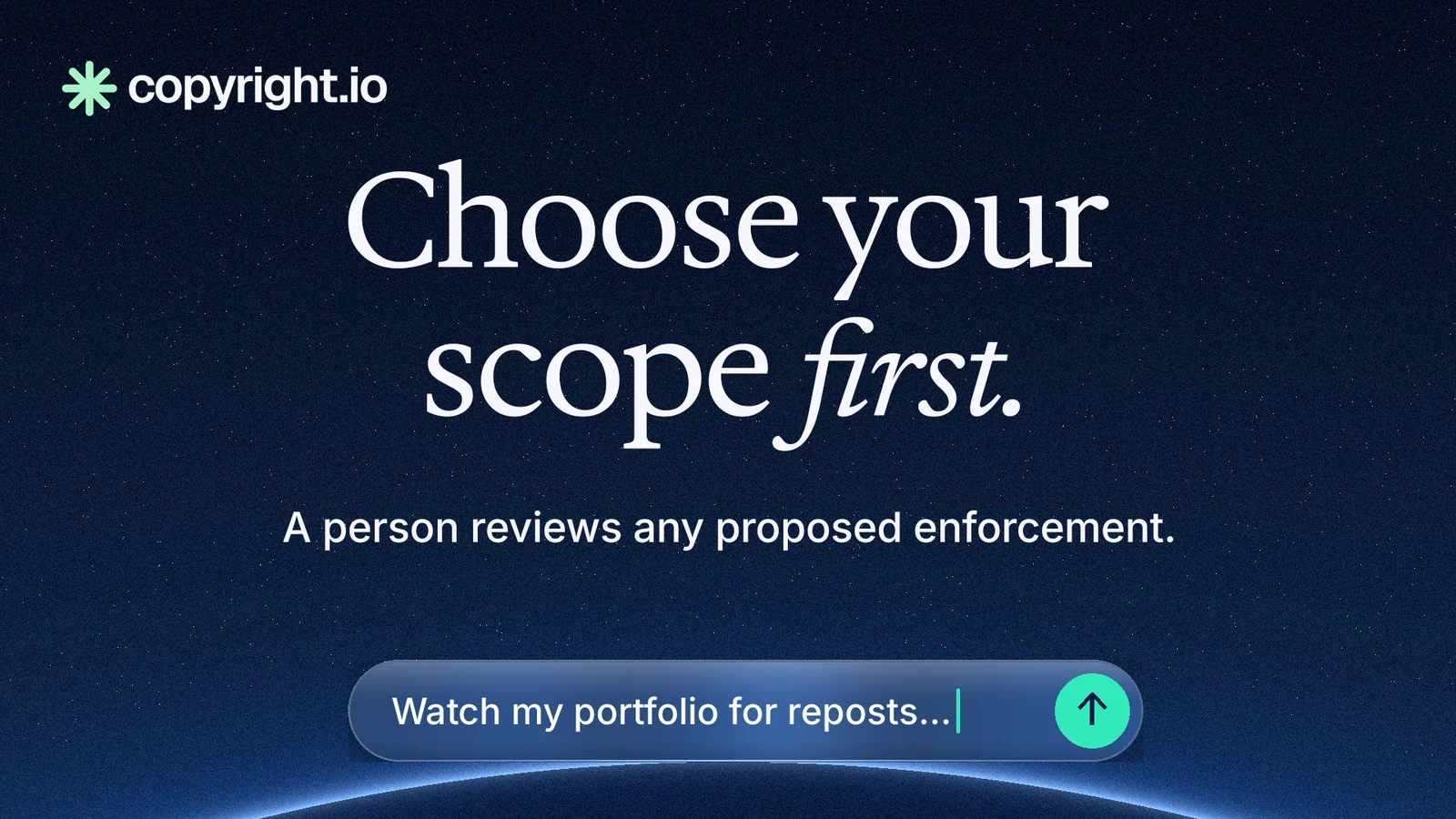 Landscape graphic for copyright.io: "Choose your scope first." Agentic glass style, centred layout, dark palette in blue, black.