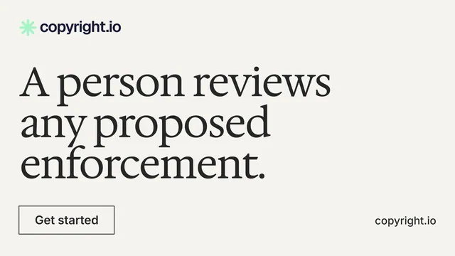 Landscape graphic for copyright.io: "A person reviews any proposed enforcement." Editorial style, poster layout, light palette in white, grey.