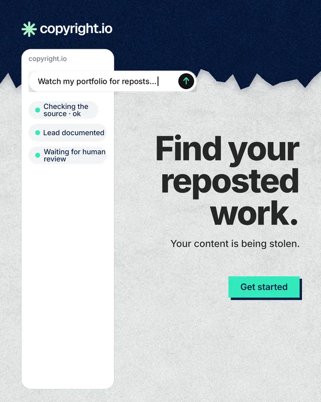 Instagram portrait post for copyright.io: "Find your reposted work." Paper trio style, right layout, light palette in white, blue.