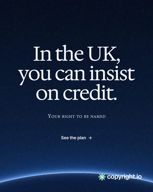 Instagram portrait post for copyright.io: "In the UK, you can insist on credit." Swiss style, smallcaps layout, dark palette in blue, black.