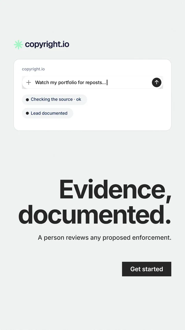 Instagram story for copyright.io: "Evidence, documented." Swiss style, right layout, light palette in white, grey.