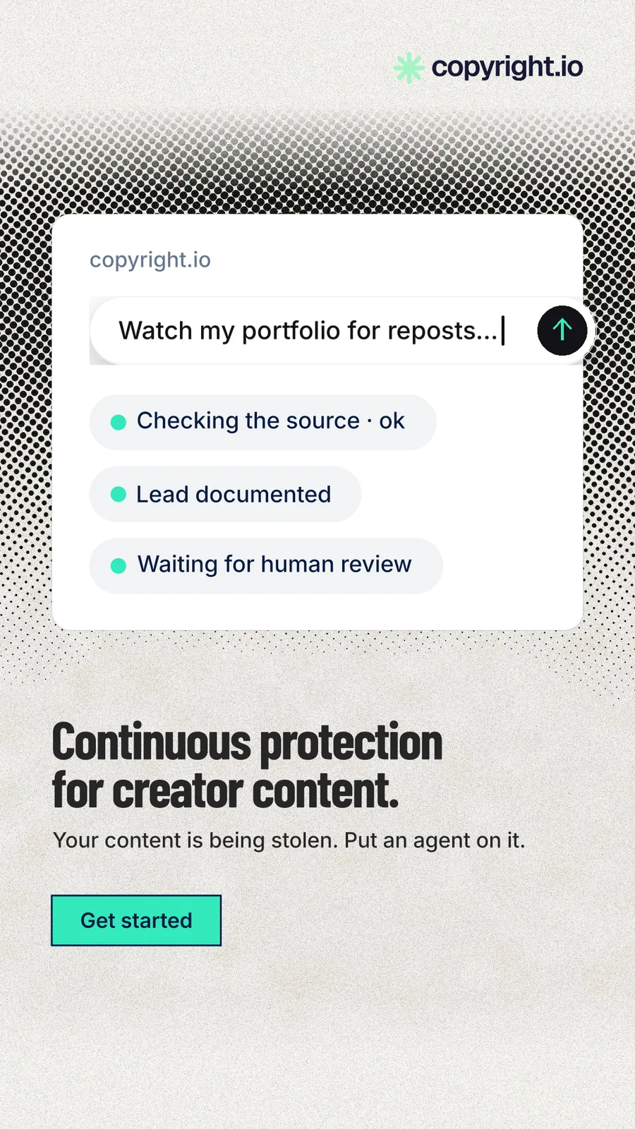 Instagram story for copyright.io: "Continuous protection for creator content." Ink sticker style, bottom layout, light palette in white, grey.