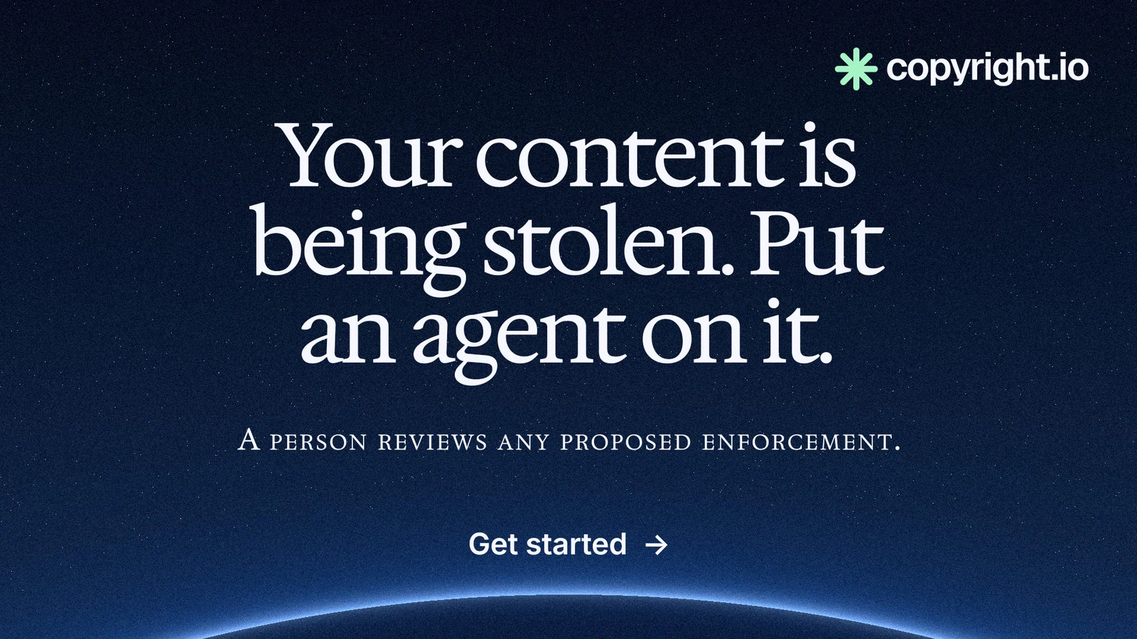 Landscape graphic for copyright.io: "Your content is being stolen. Put an agent on it." Swiss style, smallcaps layout, dark palette in black, blue, grey.