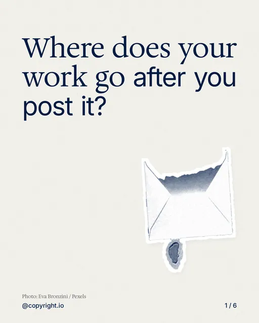 Carousel for copyright.io: "Where does your work go after you post it?". Cutout essay, 6 slides, light palette.