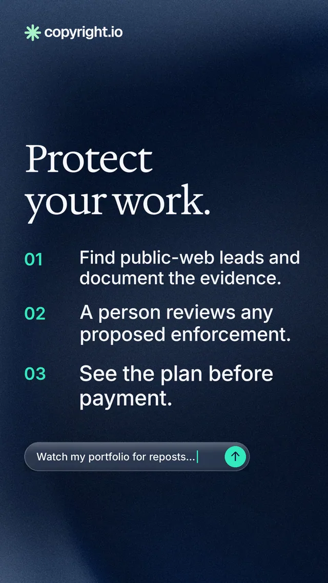 Instagram story for copyright.io: "Protect your work." Agentic glass style, numbered layout, dark palette in blue, black.