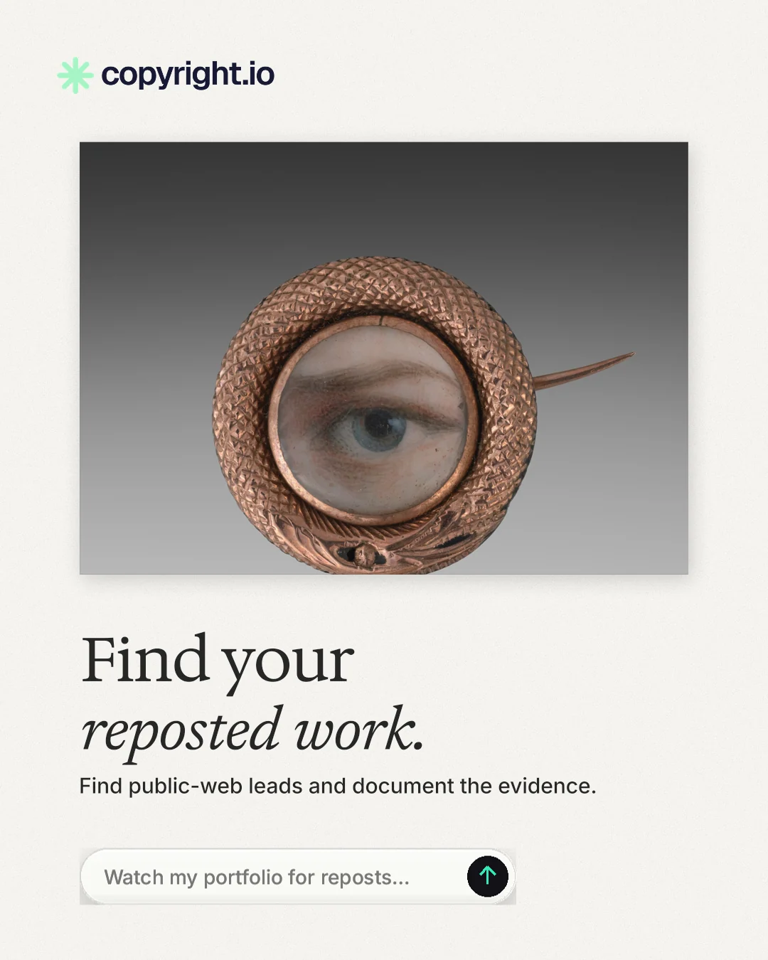 Instagram portrait post for copyright.io: "Find your reposted work." Agentic glass style, bottom layout, light palette in white, grey.