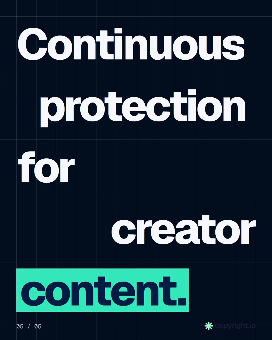 Video for copyright.io: "In the UK, you can insist on credit.". Kinetic type grid, 6.0 s, dark palette.