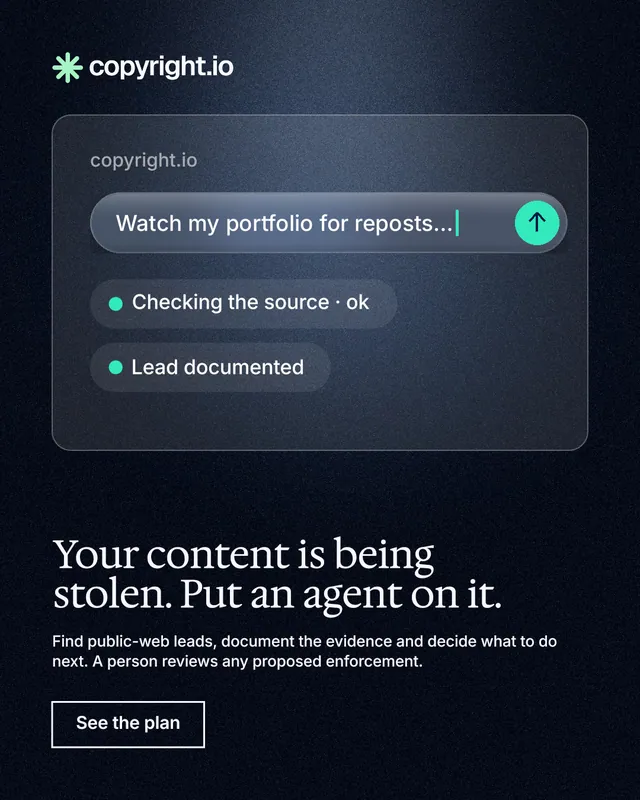 Instagram portrait post for copyright.io: "Your content is being stolen. Put an agent on it." Dark deco style, bottom layout, dark palette in blue, black, grey.