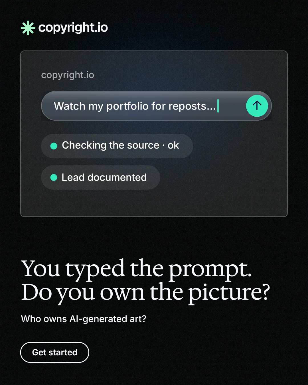 Instagram portrait post for copyright.io: "You typed the prompt. Do you own the picture?" Phosphor atlas style, bottom layout, dark palette in black, grey.