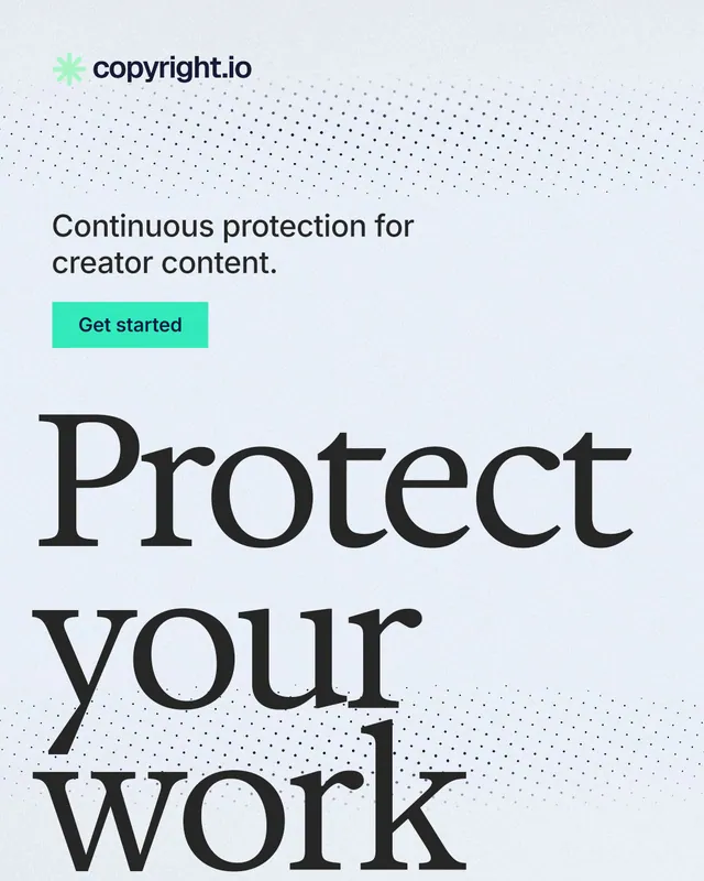 Instagram portrait post for copyright.io: "Protect your work." Swiss style, oversized layout, light palette in white, blue, grey.