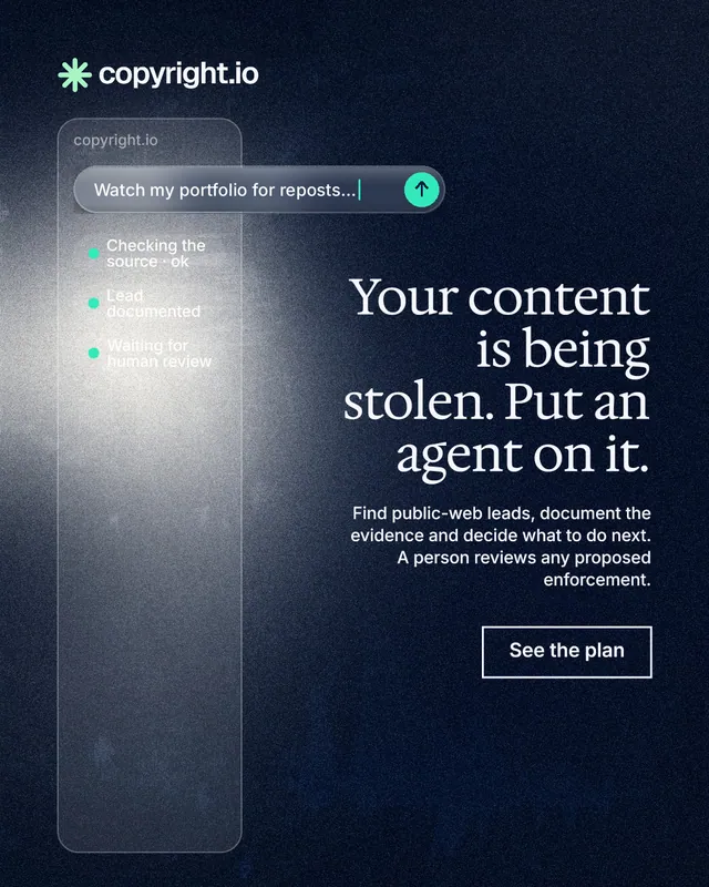 Instagram portrait post for copyright.io: "Your content is being stolen. Put an agent on it." Cyanotype style, right layout, dark palette in black, blue, grey.
