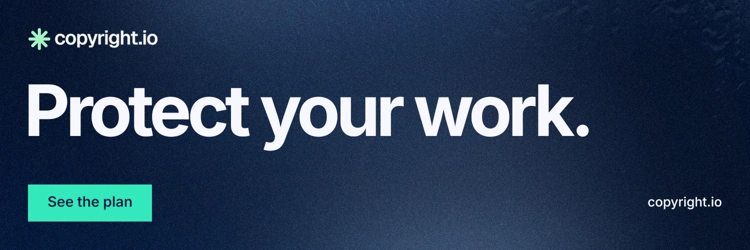 X header for copyright.io: "Protect your work." Swiss style, poster layout, dark palette in blue, black.