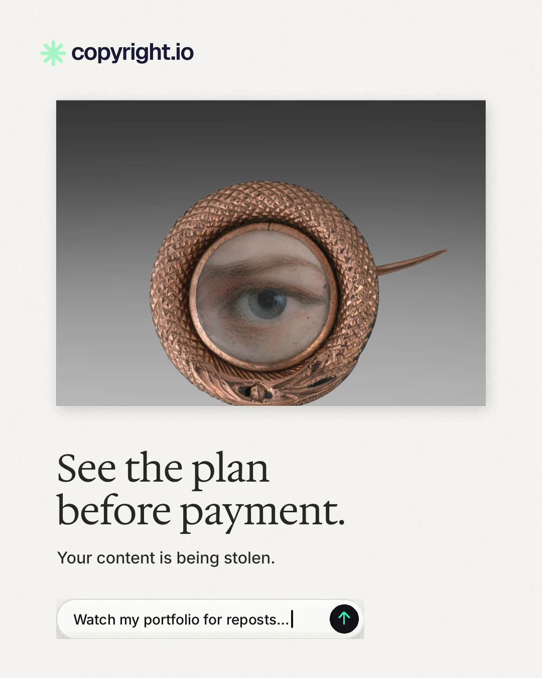 Instagram portrait post for copyright.io: "See the plan before payment." Agentic glass style, bottom layout, light palette in white, grey.