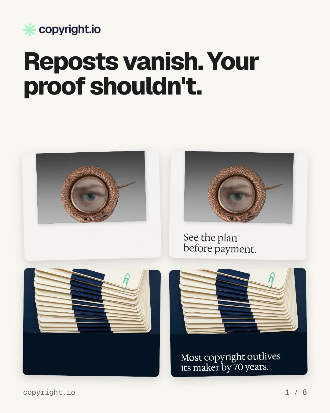 Carousel for copyright.io: "Reposts vanish. Your proof shouldn't.". Collection carousel, 8 slides, light palette.