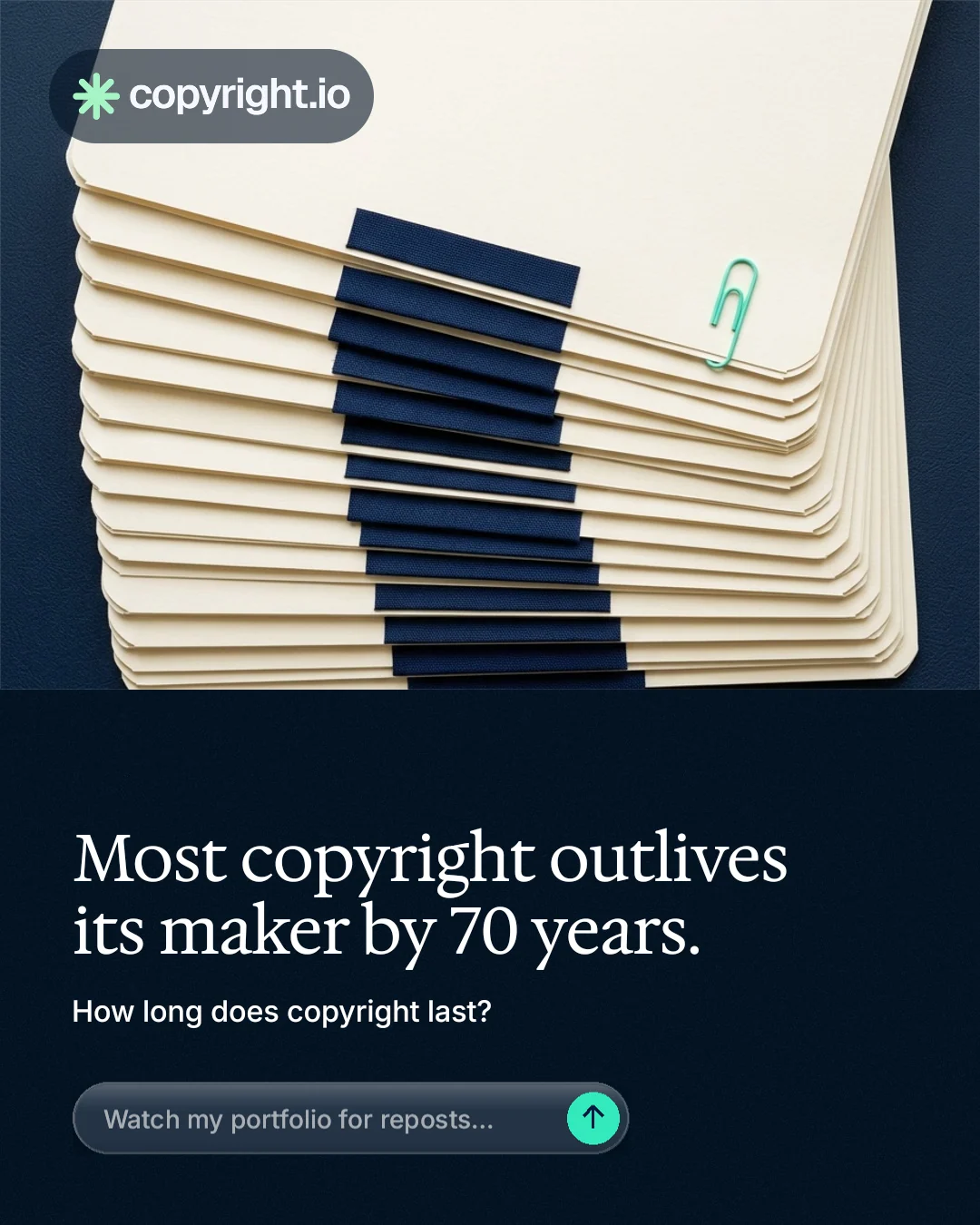 Instagram portrait post for copyright.io: "Most copyright outlives its maker by 70 years." Agentic glass style, bottom layout, dark palette in yellow, black, blue.