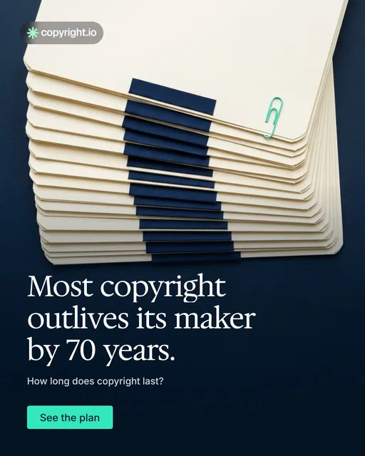 Video for copyright.io: "Most copyright outlives its maker by 70 years.". Doc motion loop, 8.0 s, dark palette.