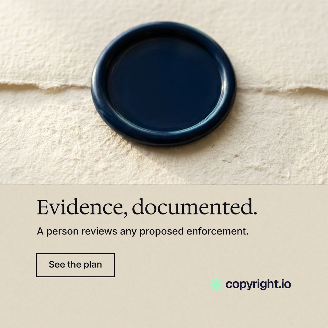 Instagram post for copyright.io: "Evidence, documented." Editorial style, bottom layout, light palette in orange, yellow, black.