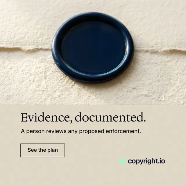 Instagram post for copyright.io: "Evidence, documented." Editorial style, bottom layout, light palette in orange, yellow, black.