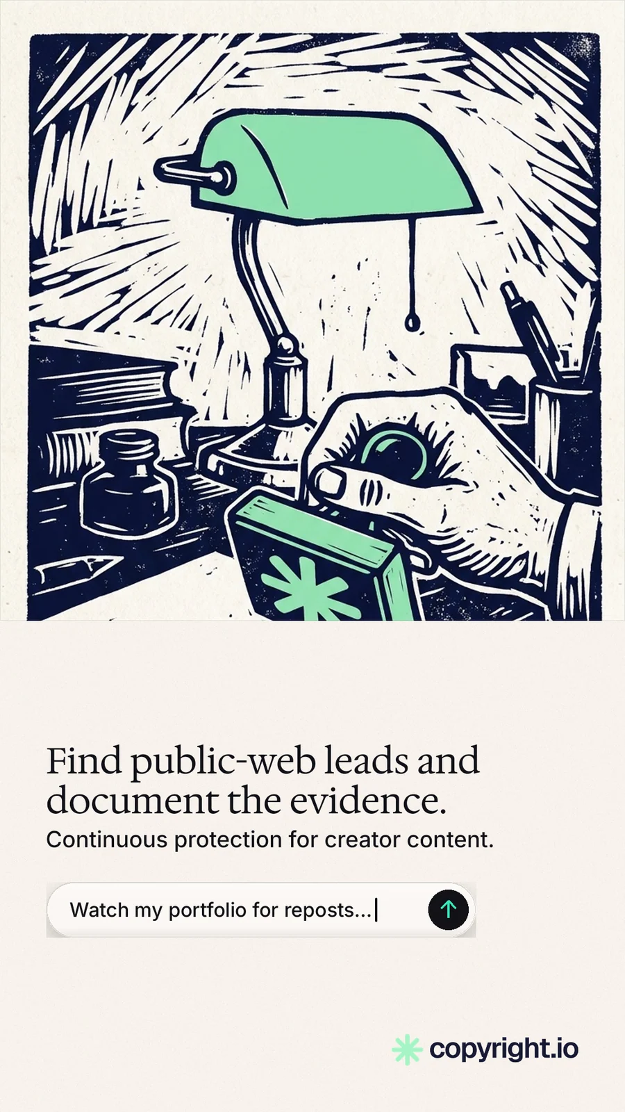 Instagram story for copyright.io: "Find public-web leads and document the evidence." Agentic glass style, bottom layout, light palette in white, grey.