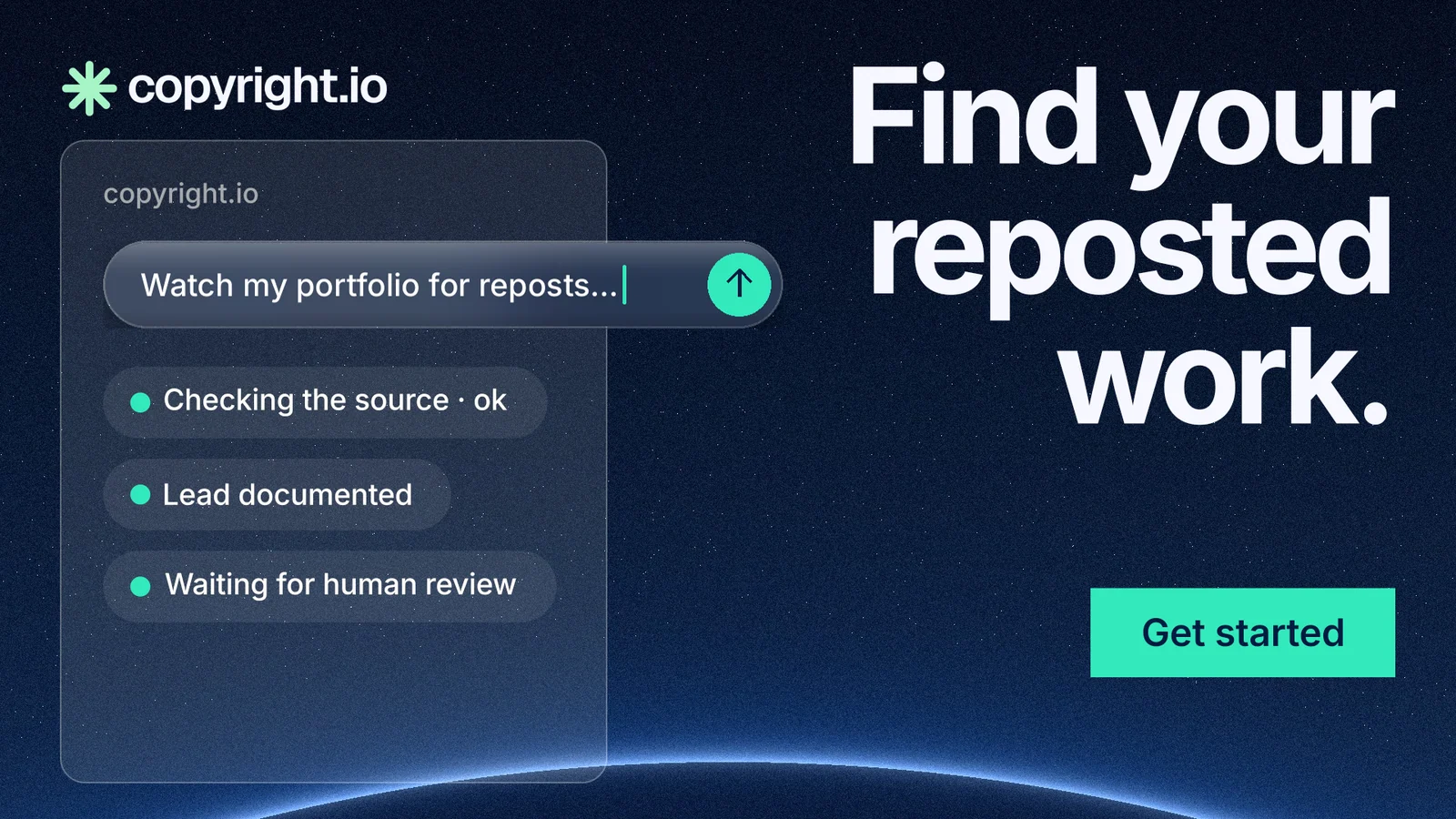 Landscape graphic for copyright.io: "Find your reposted work." Swiss style, right layout, dark palette in blue, black.